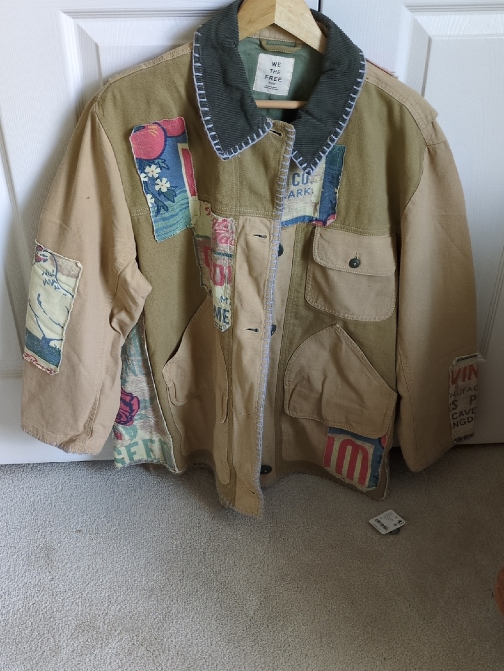 NWT Free People Patchwork Canvas Jacket in Tan with Olive Collar